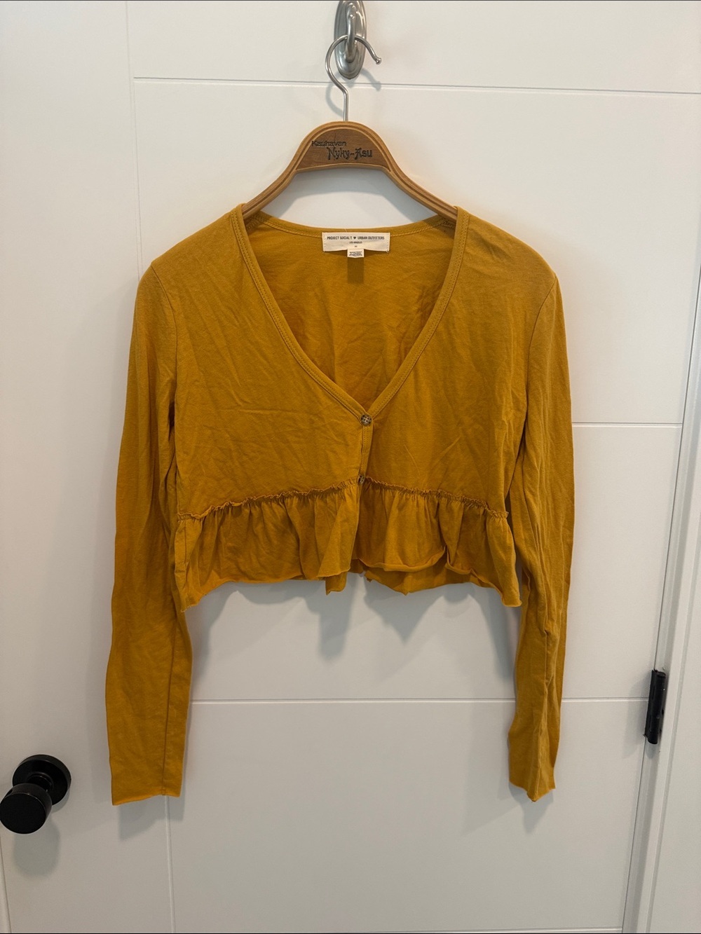 Urban Outfitters Mustard Ruffle Cropped Long Sleeve Cardigan